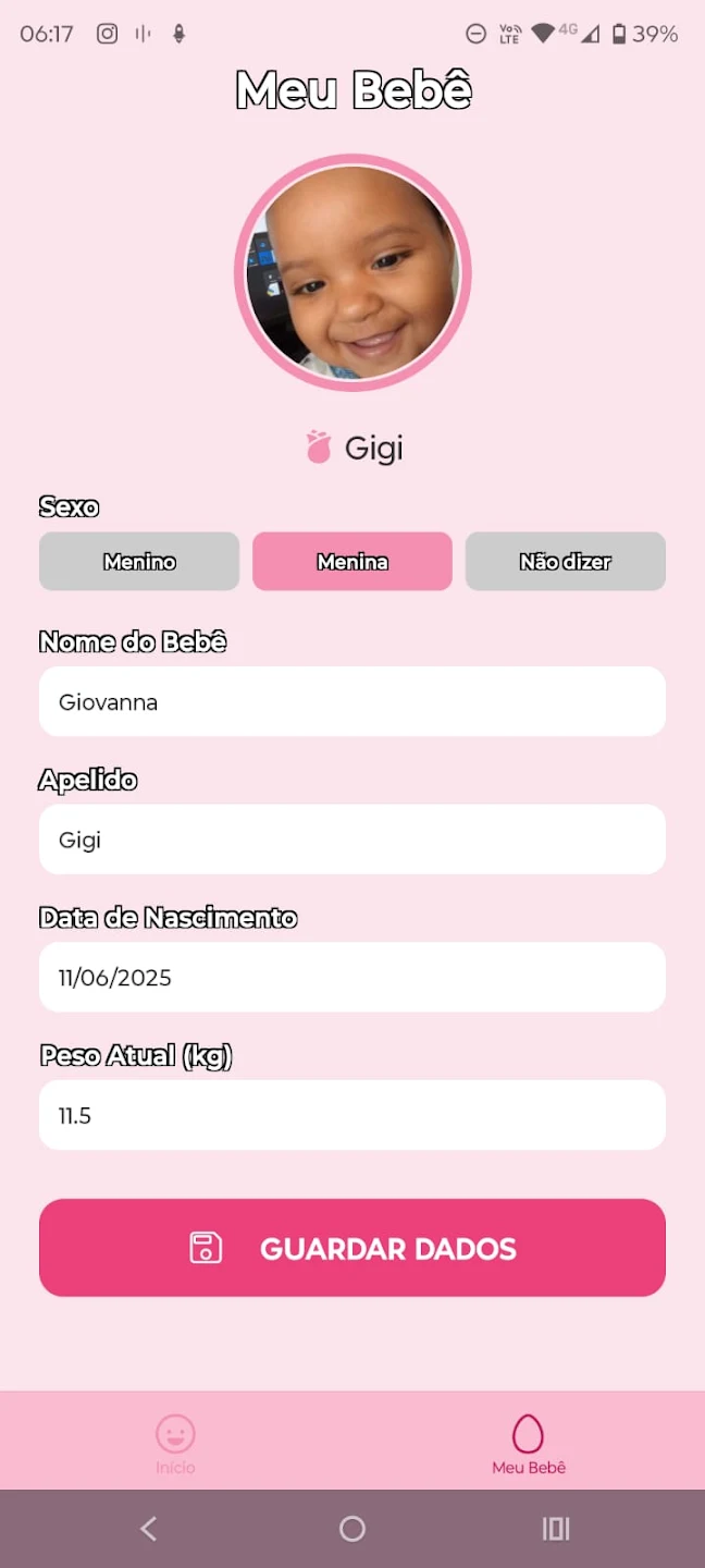 Tela de perfil do bebê no aplicativo