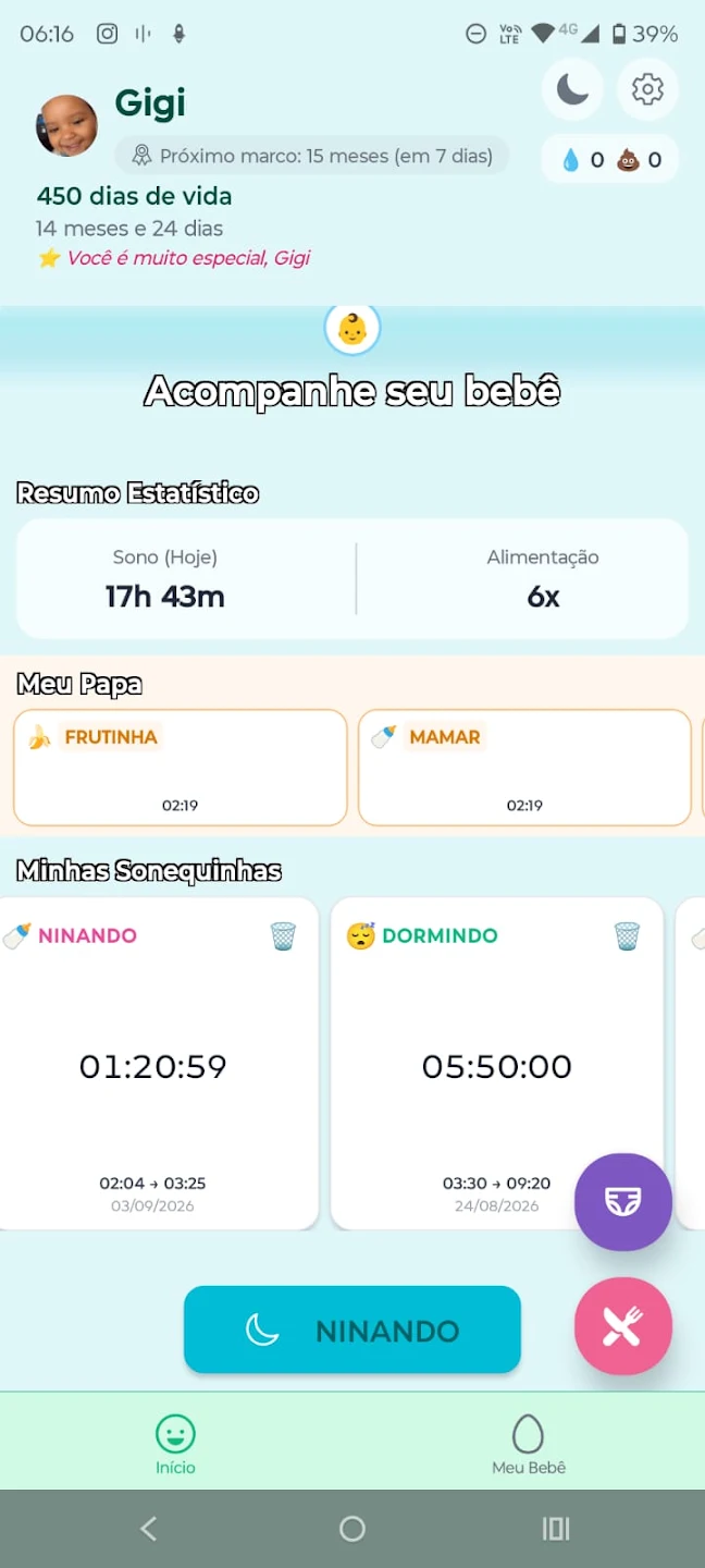 Tela inicial do app Rotina do Bebê mostrando estatísticas de sono e alimentação