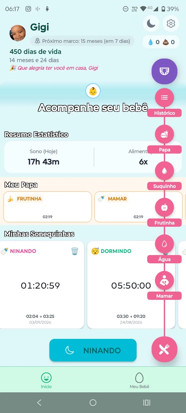 Menu rápido de registro de alimentação
